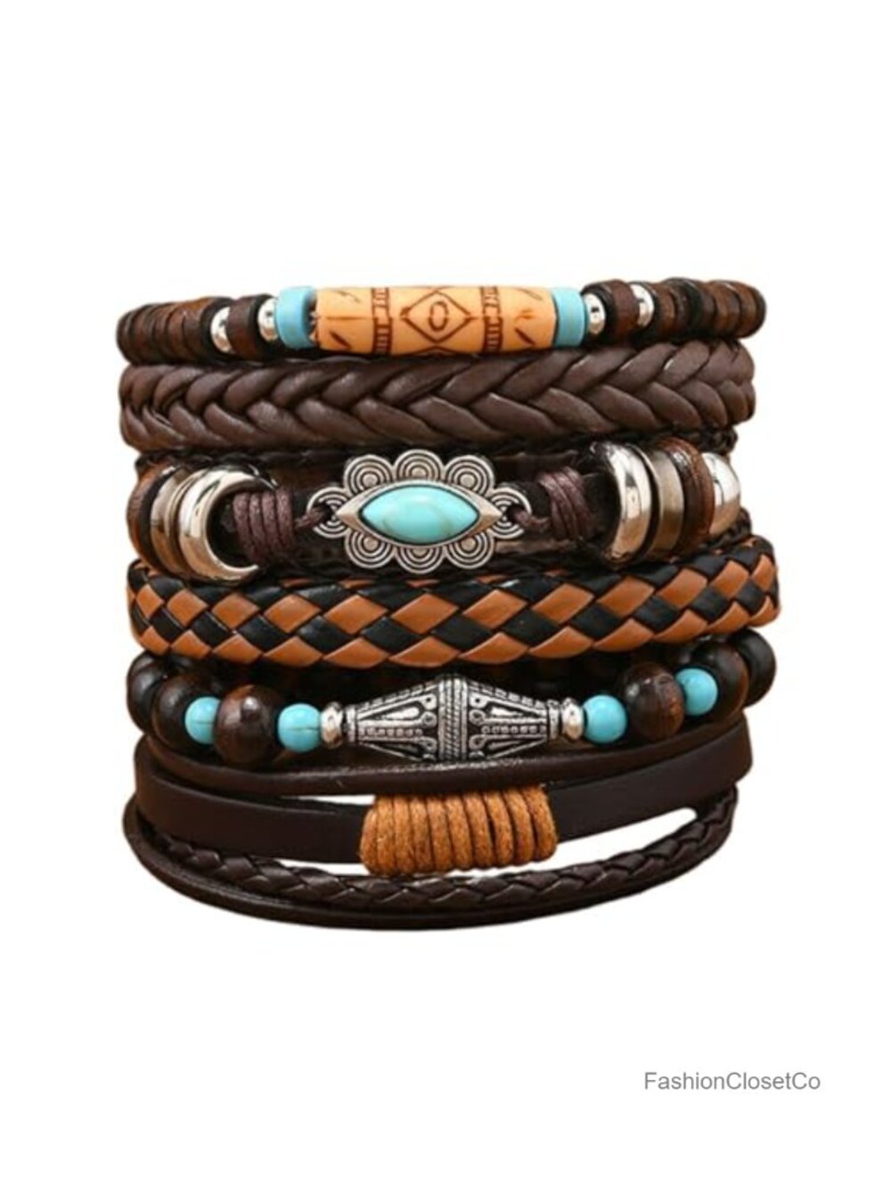 Vintage Stackable Turquoise Beaded Leather Bracelet Cow Head Charm Stretch